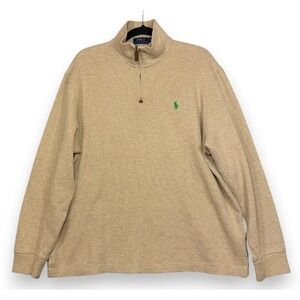 Polo Ralph Lauren Pullover Men L Tan 1/4 Zip Pique Knit Cotton Pony Logo Sweater